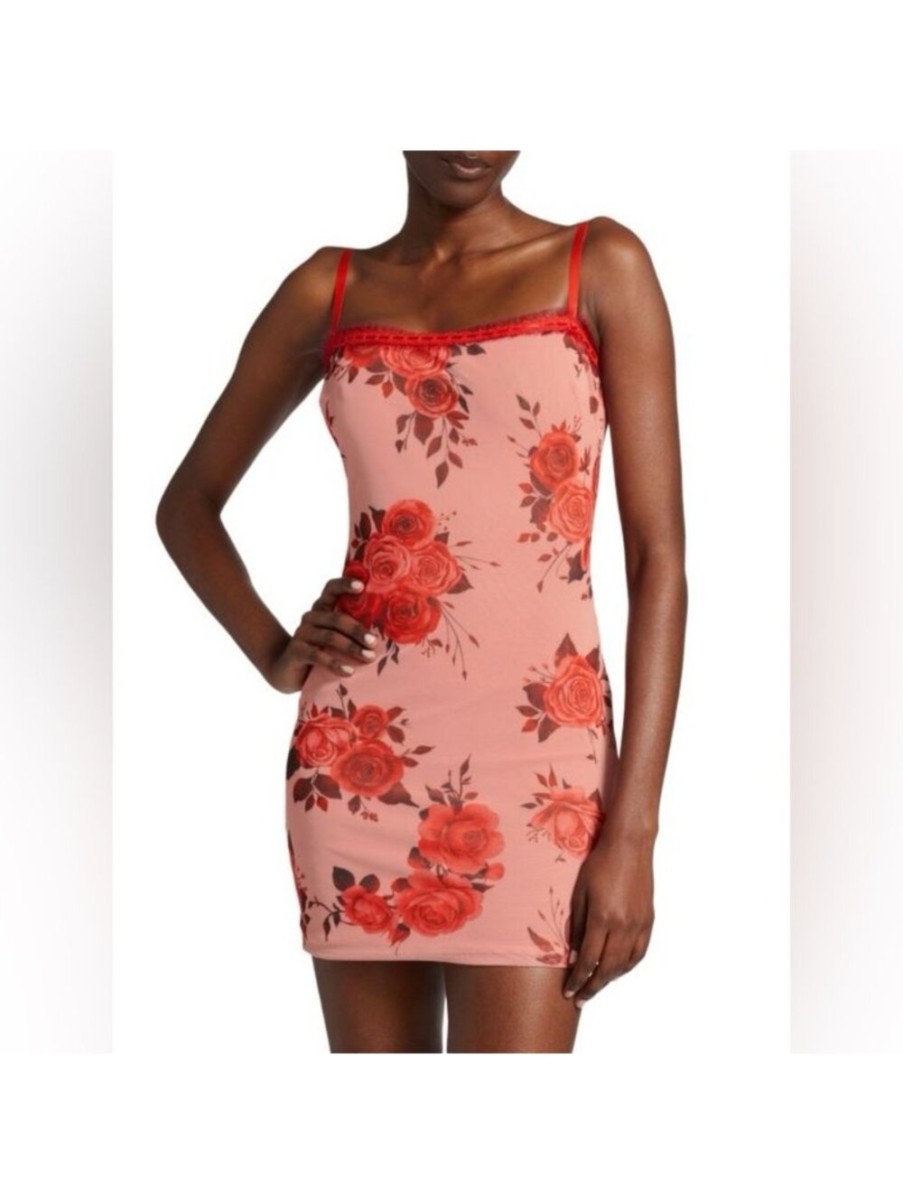 SSENSE GUIZIO Floral Mesh Bodycon Minidress Floral Lace Trim Pink and Red large